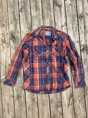 Plaid Orange Blue Button Down Men's Shirt XL